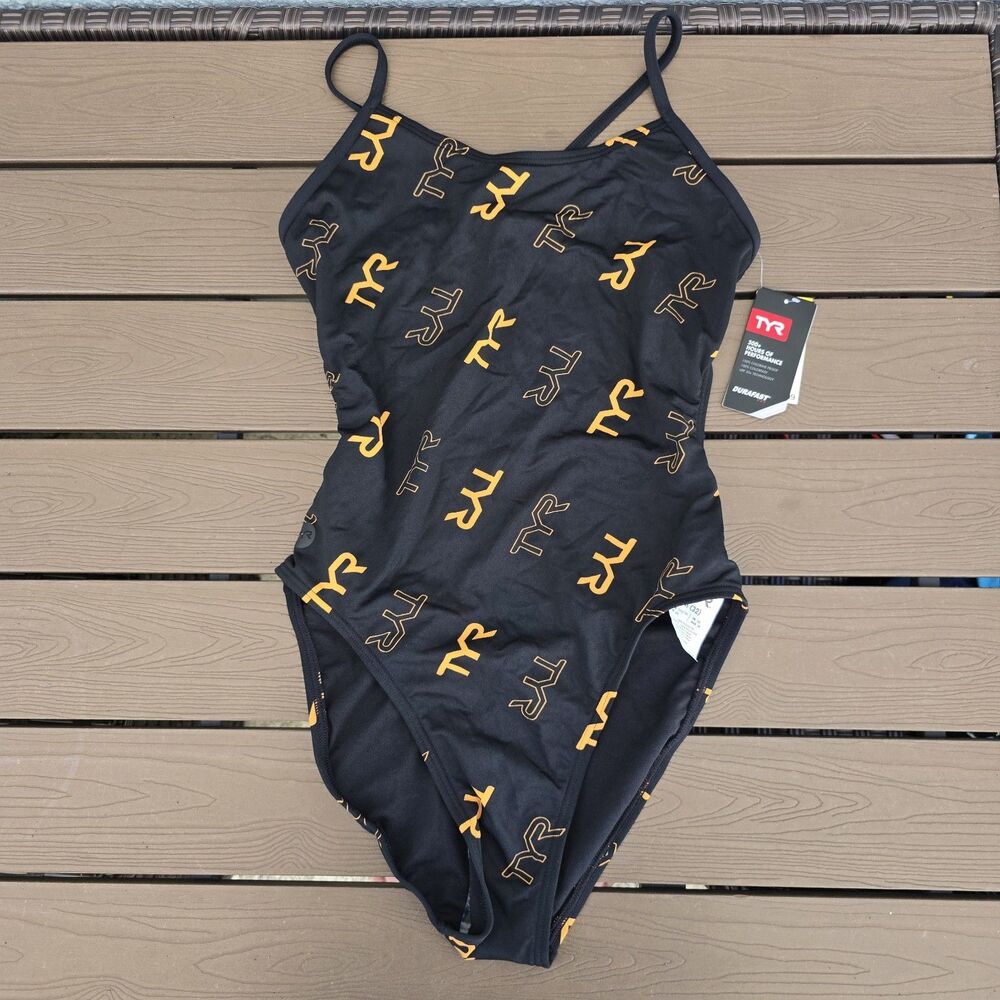 TYR Women's Durafast Blue Black/Gold LOGO Cutoutfit One Piece Swimsuit Sz 32 New